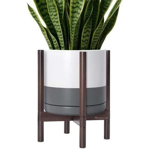 Miniatura 46 de D'vine Dev Maceta de cerámica con soporte de ébano – Maceta redonda moderna de 8 pulgadas con soporte para maceta de madera, color negro, 55-B-M-2