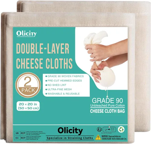 OLICITY - Paño con dobladillo de grado 90 de 20 x 20 pulgadas, reutilizable y elaborado con 100 % de algodón sin blanquear para elaborar quesos;