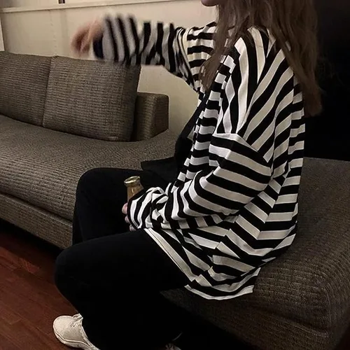 Miniatura 5 de Chvity Harajuku - Camisetas de manga larga para mujer, estilo casual, cuello redondo, bloque de color, rayas
