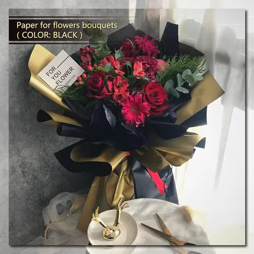 Miniatura 4 de Papel de regalo de flores negras, 20 piezas de papel de regalo de rosas, papel de regalo floral, impermeable, arreglos florales dorados y negros