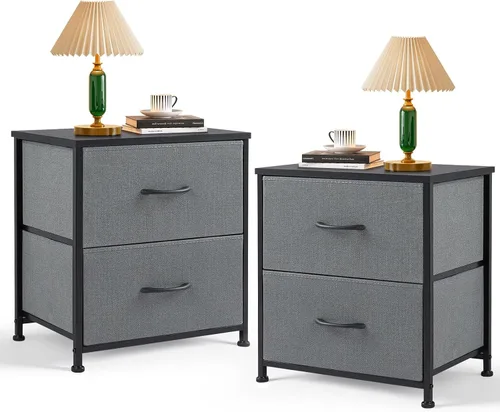 Miniatura 11 de Mesita de noche, pequeña cómoda de 2 cajones mesa auxiliar muebles de cabecera, contenedores de tela con superficie de madera para dormitorio, Blanco