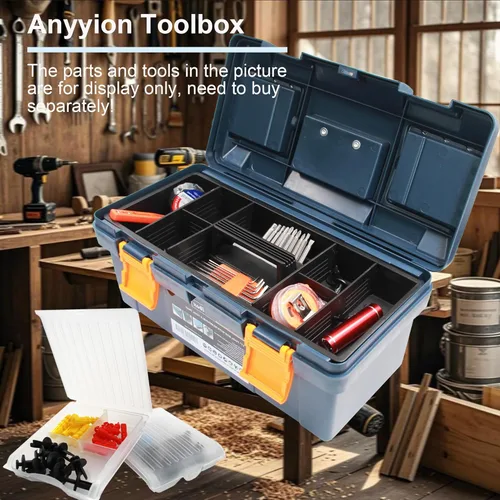 Miniatura 5 de Anyyion Caja de herramientas de 17 pulgadas con bandeja extraíble, la caja de piezas pequeñas en la tapa es extraíble, la bandeja se puede quitar
