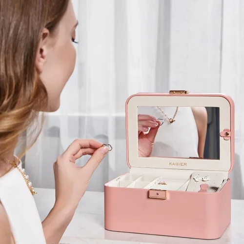 Miniatura 7 de KAMIER Joyeros para mujer 2 capas de piel sintética caja de joyería de viaje gran capacidad doble cerradura y espejo grande ganchos ocultos