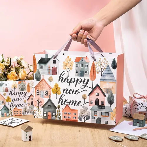 Miniatura 5 de WRAPAHOLIC Bolsa de regalo de 13 pulgadas con tarjeta y papel de seda, bolsas de papel de diseño Greeny House para inauguración de la casa, regalo