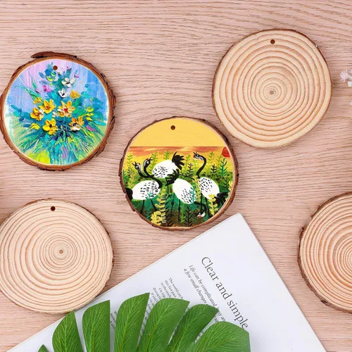 Miniatura 7 de 30 paquetes de rebanadas de madera para manualidades, 2.4-2.8 pulgadas de rondas de madera natural sin acabar con corteza de árbol. Círculos