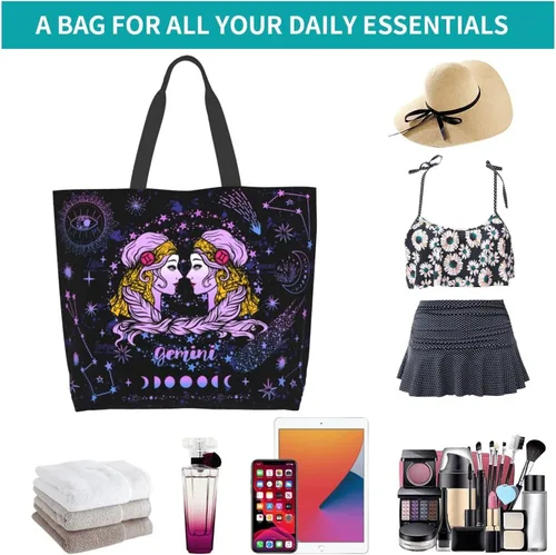 Miniatura 7 de JASUTOT Bolsa de mano de constelación de lona grande con signo del zodiaco, astrología, para gimnasio, playa, fin de semana, viajes, compras