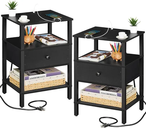 Miniatura 12 de Lerliuo Mesita de noche con estación de carga y puertos USB, mesa auxiliar de almacenamiento de 3 niveles con cajón y estante, mesita de noche