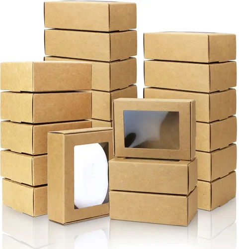 BadenBach Paquete de 50 mini cajas rectangulares de papel kraft con ventanas transparentes, 3.33 x 2.35 x 1.18 pulgadas, pequeñas cajas de embalaje