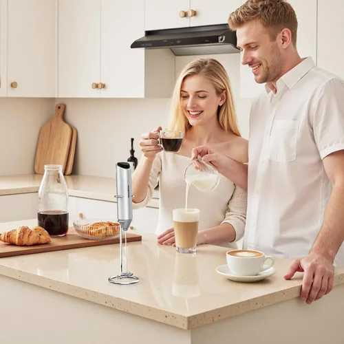 Miniatura 8 de Bonsenkitchen Espumador de leche de mano con soporte, espumador de café eléctrico, varilla espumadora de mano portátil mezclador de bebidas