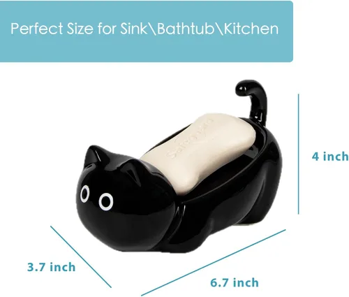 Miniatura 6 de Jabonera de cerámica para gatos, barra autodrenante para ducha, bandeja de jabón decorativa para lavabo de baño, encimera de cocina, bandeja Negro