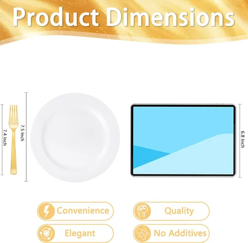 Miniatura 2 de WELLIFE 100 platos de postre de plástico blanco y 100 tenedores desechables dorados, plato duro de postre de alta calidad de 7.5 pulgadas, platos