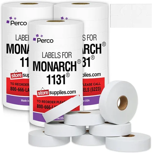 Etiquetas de precios blancas Perco para pistola de precios Monarch 1131 – 3 mangas, paquete de valor de 24 rollos - 60,000 etiquetas de marcado de