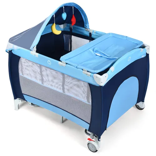 Miniatura 9 de HONEY JOY Empaca y juega con moisés, 4 en 1 portátil para bebé con cambiador, red y juguetes lindos, bolsa de almacenamiento de pañales, caja de Azul