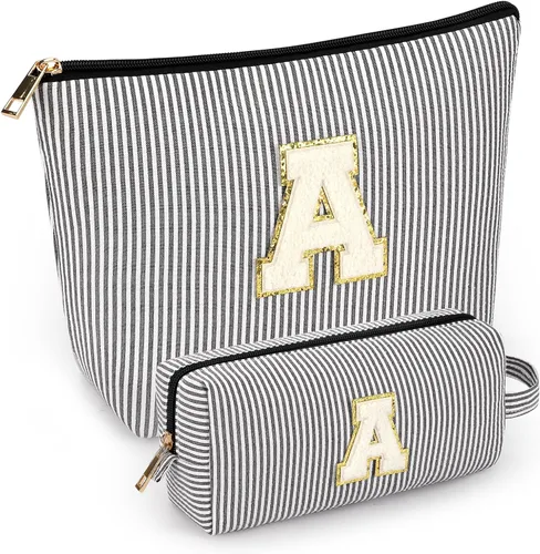 2 piezas de bolsas de maquillaje iniciales para mujeres: bolsa de cosméticos para viaje y artículos de tocador - Regalos de cumpleaños para niñas de