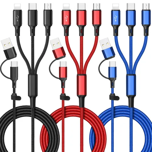 Miniatura 8 de Cable de carga múltiple 6 en 1 [3 unidades de 4 pies] Cable de carga rápida de nailon trenzado múltiple USB A/C a teléfono USB C/Micro USB/i-P Cable