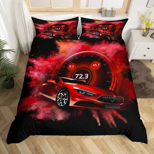 Miniatura 12 de Erosebridal Juego de funda de edredón de auto de carreras roja para niños y adolescentes, juego de edredón de carreras tamaño individual, edredón
