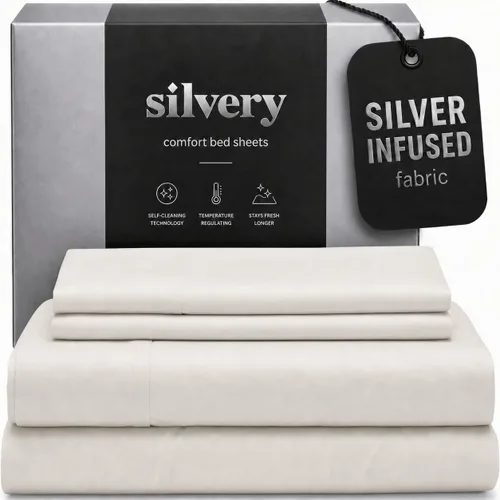 Miniatura 17 de Silvery Juego de sábanas con infusión de plata, tela ultrasuave que regula la temperatura con tecnología de autolimpieza que se mantiene fresca 3