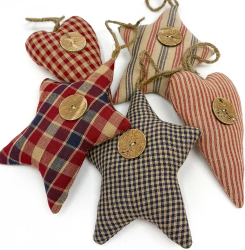 Miniatura 4 de Juego de 5 adornos de algodón hechos en casa con corazón y estrella americana, a cuadros y rayas, para Navidad, San Valentín o boda, con botón