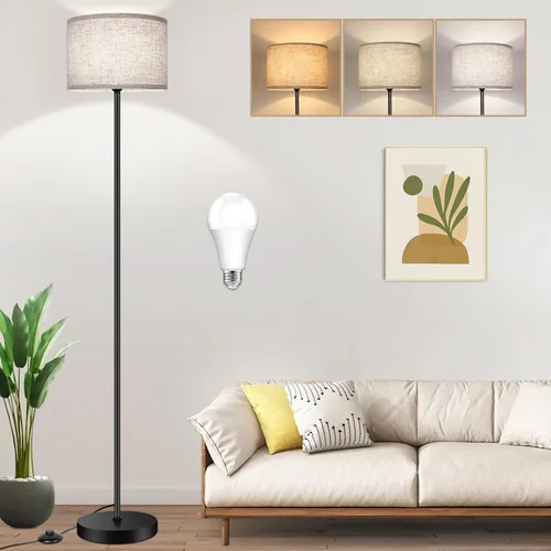 Miniatura 9 de Lámpara de pie de 65’’ moderna y simple con interruptor de pie, lámpara de pie plateada para sala de estar con bombilla LED de 3 colores Plata+crema
