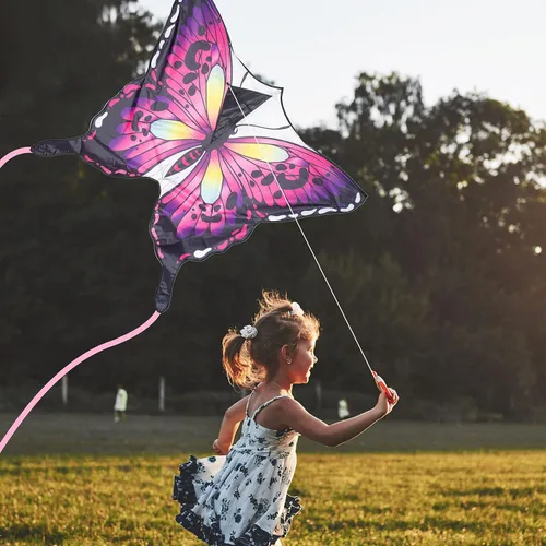 Miniatura 2 de Cometa grande de mariposa para niños y adultos, fácil de volar, para principiantes, cuerda de una sola línea con cola para viajes a la playa, Rosa