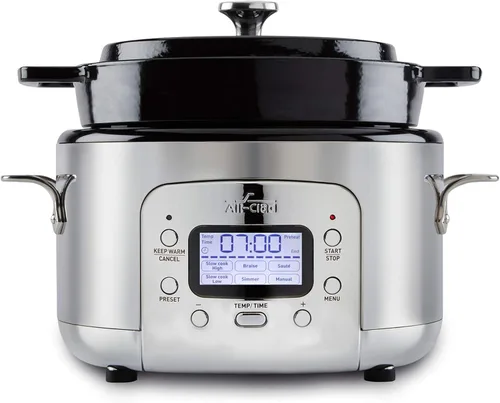 All-Clad Olla de cocción lenta eléctrica 7 en 1 de 5 cuartos de galón con acero inoxidable y hierro fundido, 1200 W - Olla esmaltada negra