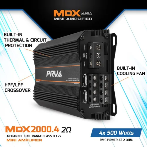 Miniatura 4 de PRV Audio MDX2000.4 Amplificador de Audio para Automóvil Mini de 4 Canales de 2 Ohmios 4 x 500 Vatios RMS a 2 Ohmios - Amplificador Puenteable