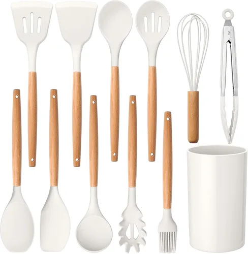 Miniatura 12 de E-far Juego de 6 utensilios de cocina de silicona con mango de madera, utensilios de cocina antiadherentes y resistentes al calor, incluye Gris