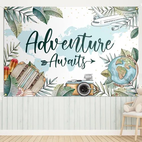 Decoración de telón de fondo blanco con texto en inglés "Adventure Awaits", decoración de fiesta temática de viaje para baby shower, 3.9 x 5.9 pies