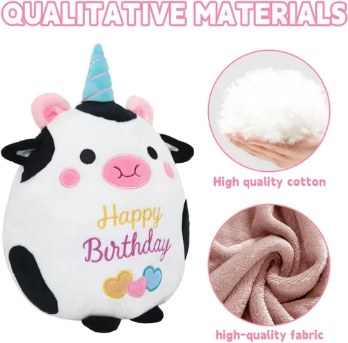 Miniatura 3 de Muñeca de peluche de vaca de 10 pulgadas, lindo animal de peluche de cumpleaños, suave almohada de peluche de vaca con sombrero de unicornio Kawaii