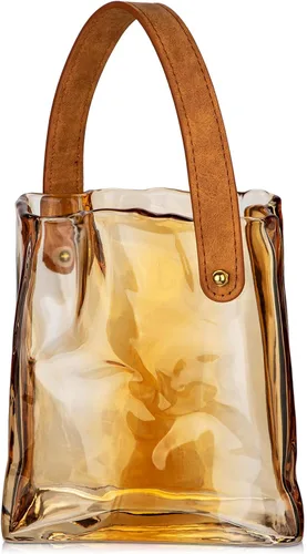 Miniatura 6 de Florero de bolso de cristal para flores, floreros de ámbar para centros de mesa, florero de bolsa de cristal con asa de cuero, floreros pequeños