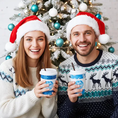 Miniatura 6 de Lallisa 100 juegos de tazas de papel desechables de café de Navidad para el invierno a granel con tapas, fundas y pajitas, tazas de café de copos