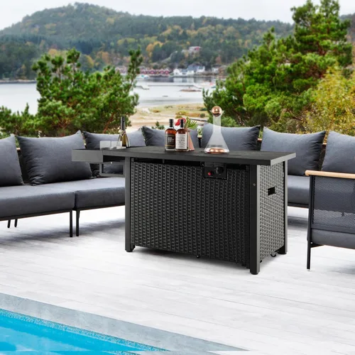 Miniatura 3 de Tangkula Mesa para fogata de propano para patio, fogata de gas de mimbre de 52 pulgadas con protector contra el viento y estante extendido, salida
