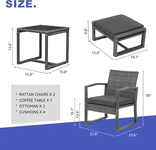 Miniatura 4 de Patiorama Juego de muebles de mimbre para patio al aire libre, 5 piezas, sillas de ratán de polietileno gris para todo tipo de clima, juego