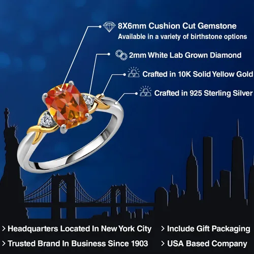 Miniatura 9 de Gem Stone King Anillo de compromiso de 3 piedras preciosas de plata 925 y oro amarillo de 10 quilates de 0.315 x 0.236 in de talla cojín y diamante