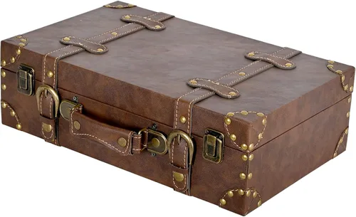 DECOR4SEASON Caja de almacenamiento vintage de cuero y madera, cómoda de maleta decorativa compacta con diseño clásico, perfecta para recuerdos,