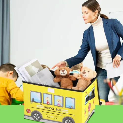 Miniatura 6 de Sweetude Caja del tesoro de autobús escolar de 2 piezas para el aula, caja plegable de almacenamiento de juguetes con tapa, organizador de tesoros