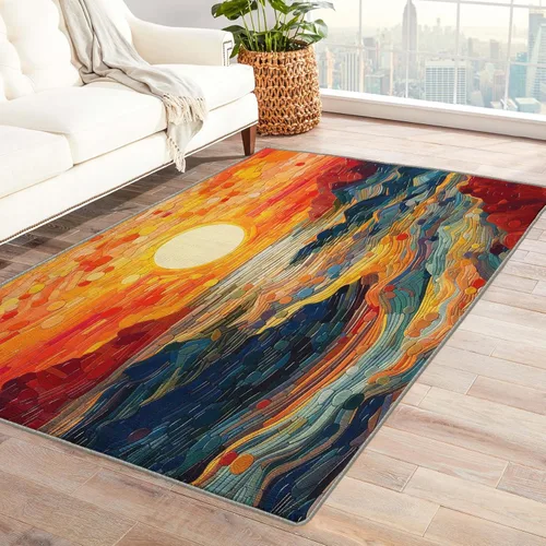 Miniatura 9 de Alfombra de área de sol de montaña de 3 x 5 pulgadas, alfombra de pintura al óleo, alfombras lavables para decoración de sala de estar y dormitorio