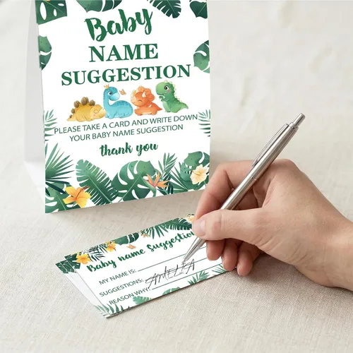 Miniatura 4 de DETIHO Tarjetas de juego de dinosaurio para baby shower, 1 letrero de sugerencia de nombre de bebé con 50 tarjetas de relleno, juego de fiesta