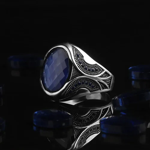 Miniatura 4 de Anillo de plata de ley 925 para hombre con piedra preciosa de zafiro, anillo de plata grabado hecho a mano, regalo para él, anillo de plata