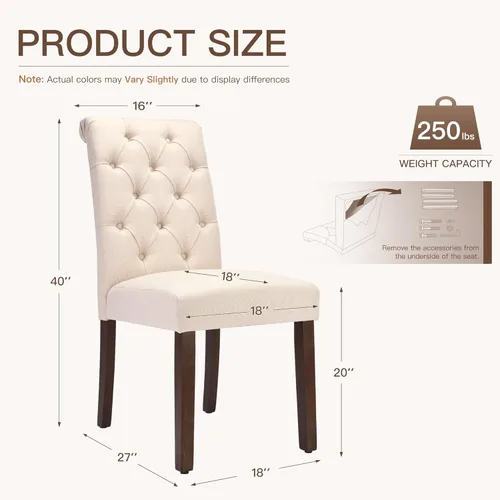 Miniatura 2 de Juego de 2 sillas de comedor, tapizadas Parsons con botones y patas de madera maciza, sillas de cocina de tela moderna para comedor, color beige