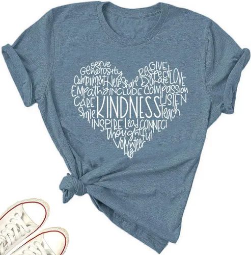 Camisas de bondad para mujer, camisetas gráficas de corazón con texto inspirador, letras inspiradoras, divertidas e informales de manga corta