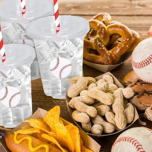 Miniatura 6 de Whaline 50 piezas de vasos de plástico desechables de béisbol con tapas y popotes, vasos rojos y blancos de pelota, vasos para bebidas frías
