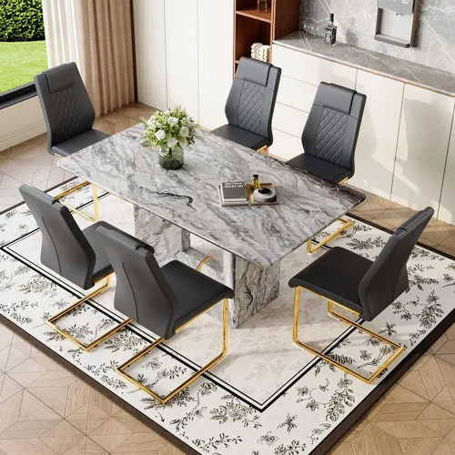 Miniatura 8 de Mesa de comedor negra de 63 pulgadas Mesa de comedor moderna Mesa rectangular de madera con patas en forma de U de alta resistencia Estable