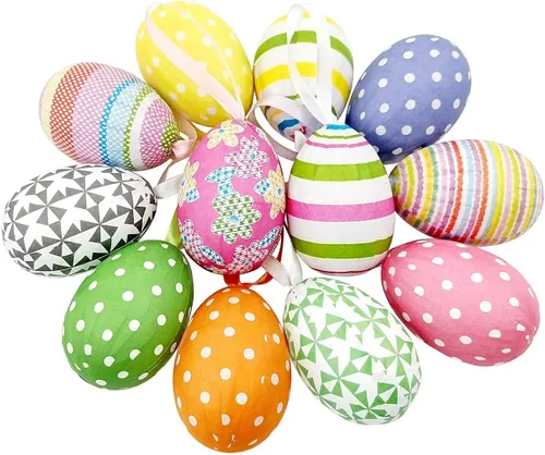 12pcs nuevo colorido papel Mache espuma huevo colgante adornos árbol de Pascua Navidad decoración