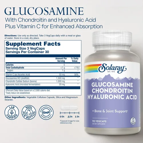 Miniatura 2 de SOLARAY Glucosamina Condroitina y Ácido Hialurónico, 1500mg/1000mg/20mg 90 Cápsulas