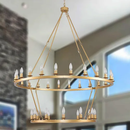 Miniatura 8 de Candelabro grande de 60 pulgadas de rueda de vagón negro, lámpara colgante redonda de 54 luces de 2 niveles estilo industrial de granja para porche