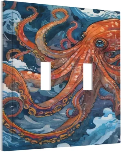 Miniatura 2 de Cubiertas de Interruptor de Luz de Doble Palanca Retro Pulpo Rojo Monstruo Ola de Mar Azul Decorativas Cubierta de Placa de Pared de 2 Gang Retro