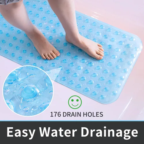 Miniatura 3 de ROSMARUS Tapete de ducha extra largo de 16 x 39 pulgadas, antideslizante, para bañera con ventosas y agujeros de drenaje, tapete de bañera para Azul