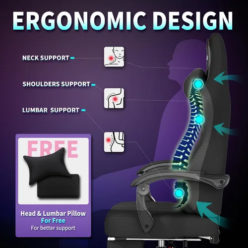 Miniatura 6 de Silla de juegos, sillas de juegos grandes y altas para adultos con reposapiés y soporte lumbar, cómoda silla de computadora de tela ergonómica