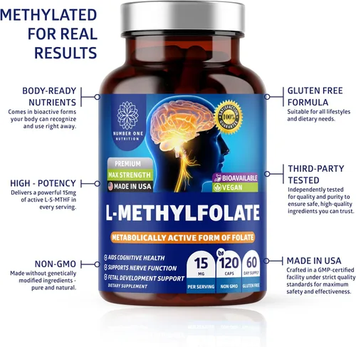Miniatura 7 de Number One Nutrition L-metilfolato premium de 12.75 mg, suplemento de metilfolato activo extra fuerte 5-MTHF para apoyo energético y cognitivo, sin